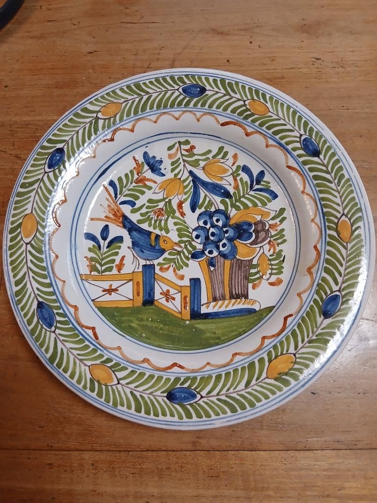 Antiek Delfts Blauw Bord met Vogel en Bloemen - 23,5 cm, Ophalen of Verzenden