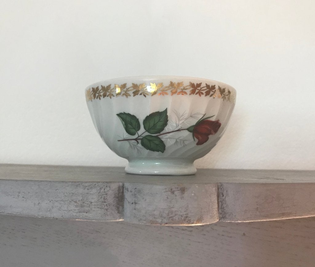 Mini bowl spoelkom met roos en vergulde blaadjes rand, Ophalen of Verzenden