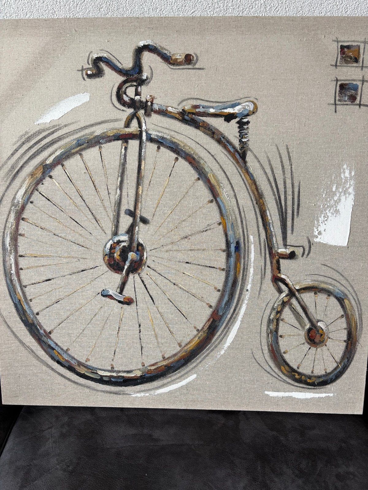 Schilderij Oude Fiets - Vintage Stijl Kunst, Antiek en Kunst, Voertuigen, Handgeschilderd, Ophalen of Verzenden, Olieverf