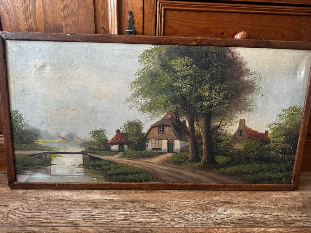 Oud Hollands landschap schilderij met boerderij en brug, Ophalen of Verzenden