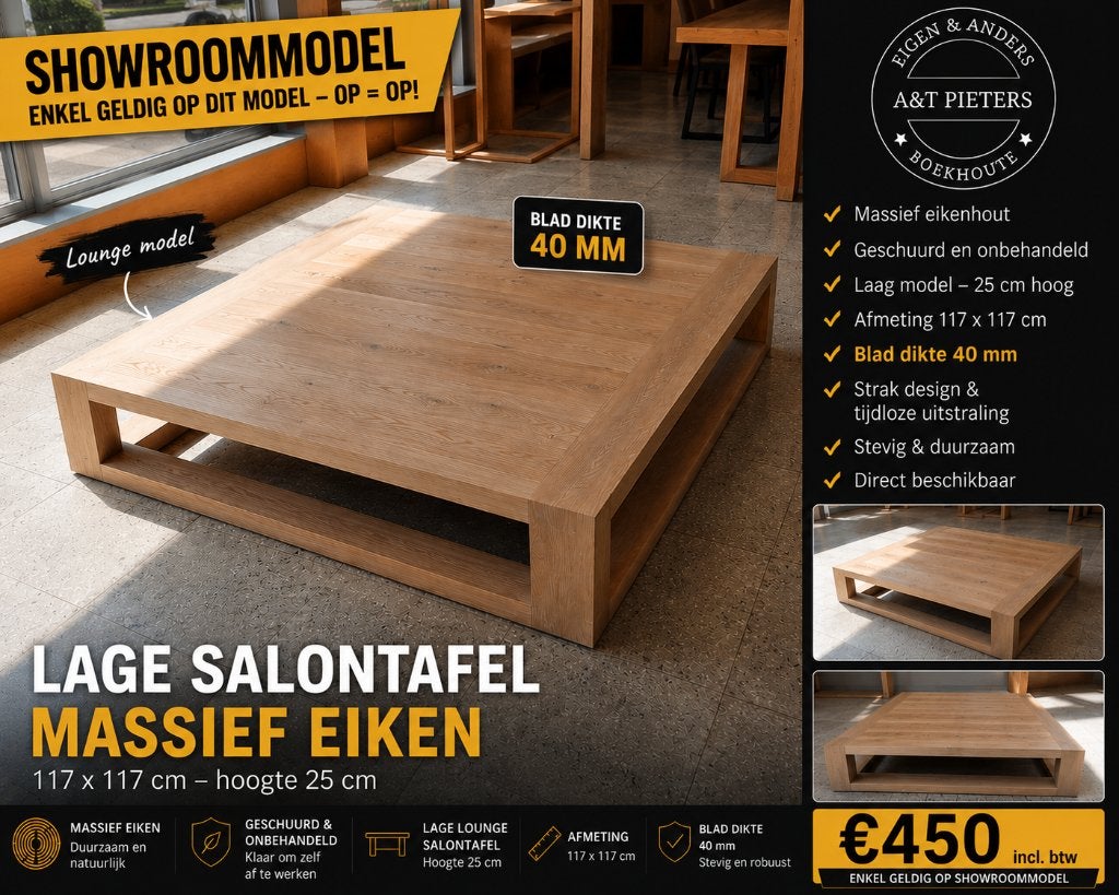 massief eiken lage salontafel, Ophalen, Nieuw, Landelijk, Minder dan 50 cm