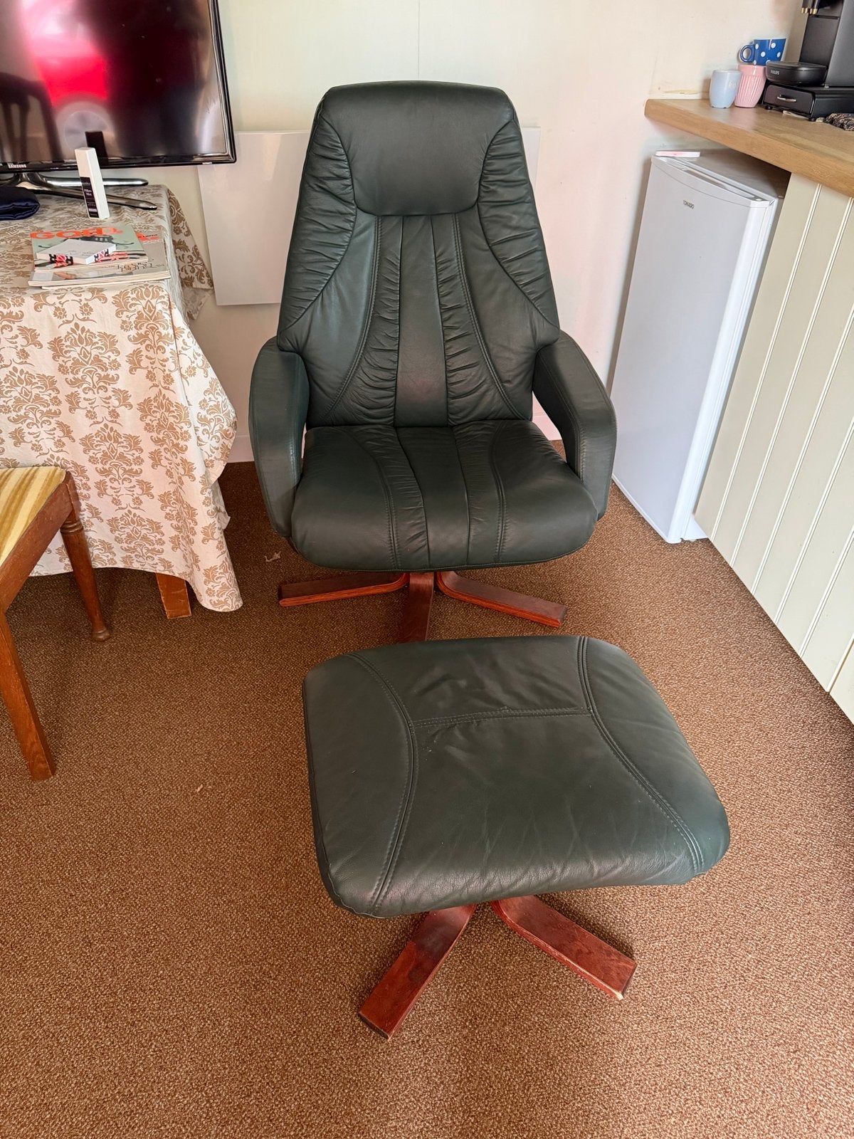Leren comfortabele fauteuil met voetenbank - Donkergroen, Ophalen, Gebruikt, Overige kleuren, Klassiek