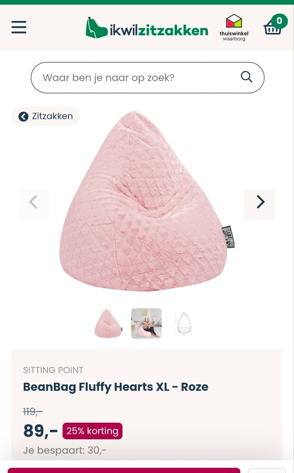 Zitzak roze fluffy, Ophalen, Zo goed als nieuw, Overige typen