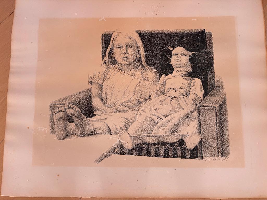 Pentekening Dixy Boonstra 1974 Meisje met pop, Antiek en Kunst, Ophalen