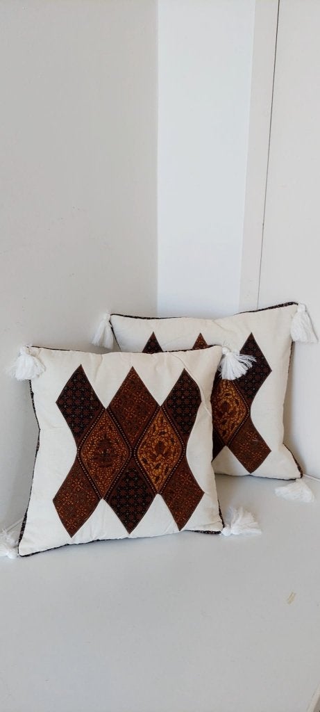 Set van 2  Batik kussens Japandi / Wabi-Sabi stijl, Eu, Wit, Afneembare hoes, Vierkant