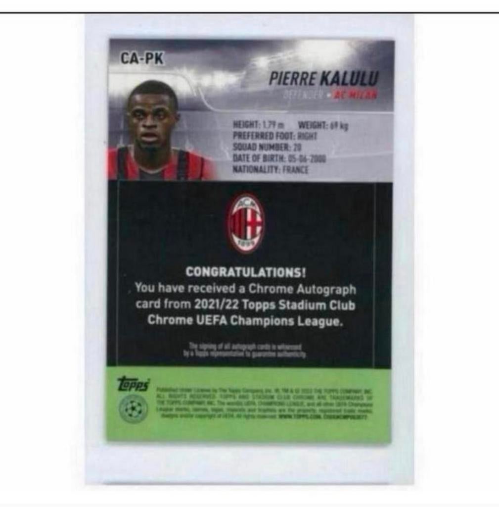 20-21 Topps Chrome UEFA Pierre Kalulu ac milan Signed card, Buitenlandse clubs, Spelerskaart, Nieuw, Ophalen of Verzenden