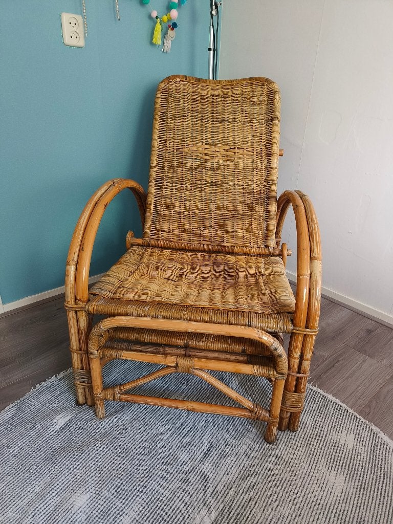 Vintage rotan relaxfauteuil met voetenbank, Ophalen, Gebruikt, Overige kleuren, Vintage, Bohemian, Rotan