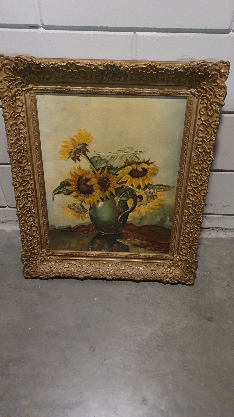 Schilderij zonnebloemen in vaas, gesigneerd, Doek, Realistisch, Ophalen, Bloemen