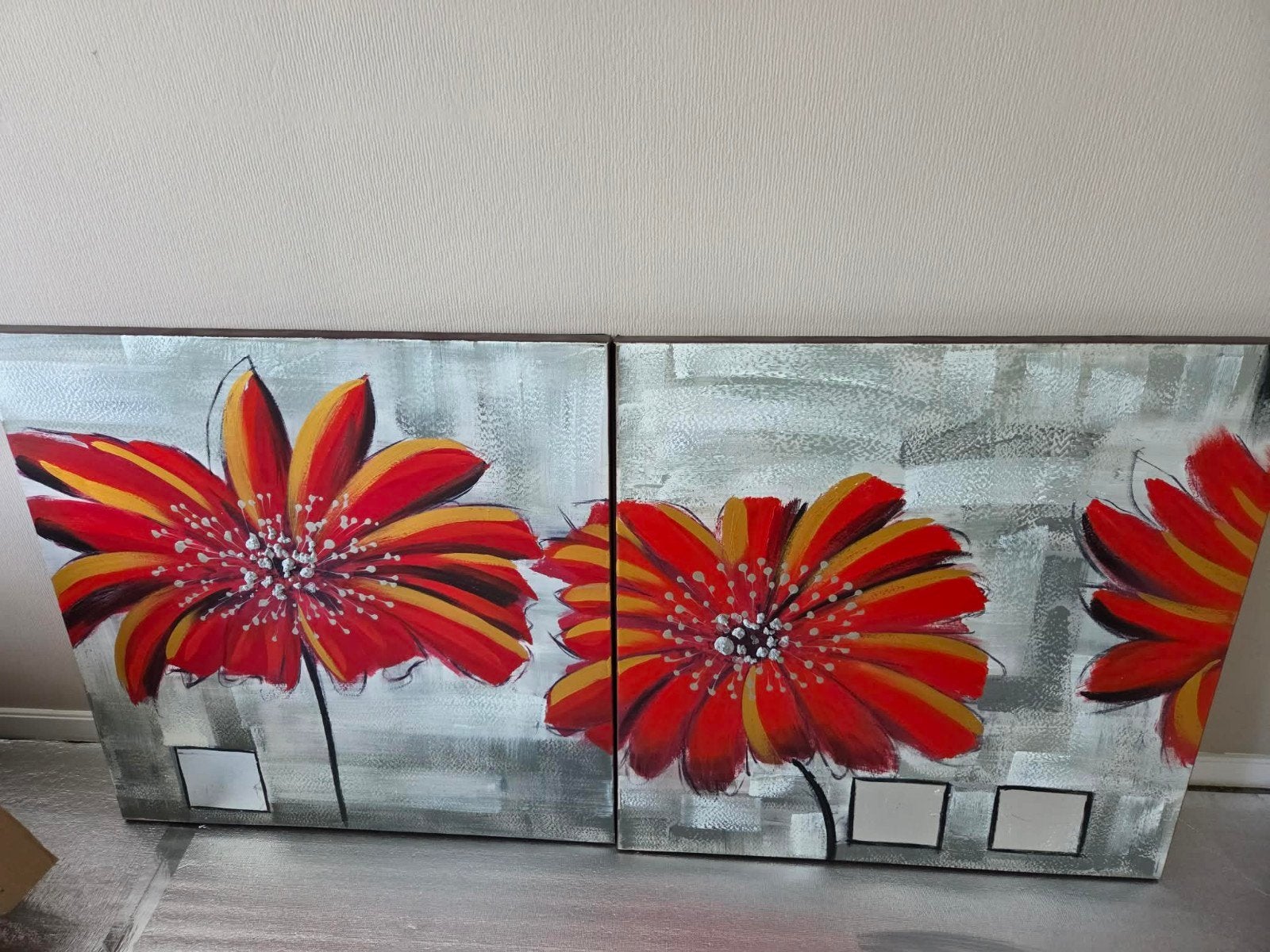 Set van 2 handgeschilderde bloemenschilderijen, Antiek en Kunst, Olieverf, Handgeschilderd, Ophalen, Bloemen