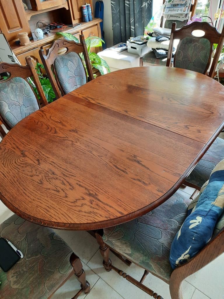 Uitschuifbare eiken tafel incl 7 stoelen, Huis en Inrichting, Tafels | Eettafels, Ophalen, Rechthoekig, 200 cm of meer, 50 tot 100 cm