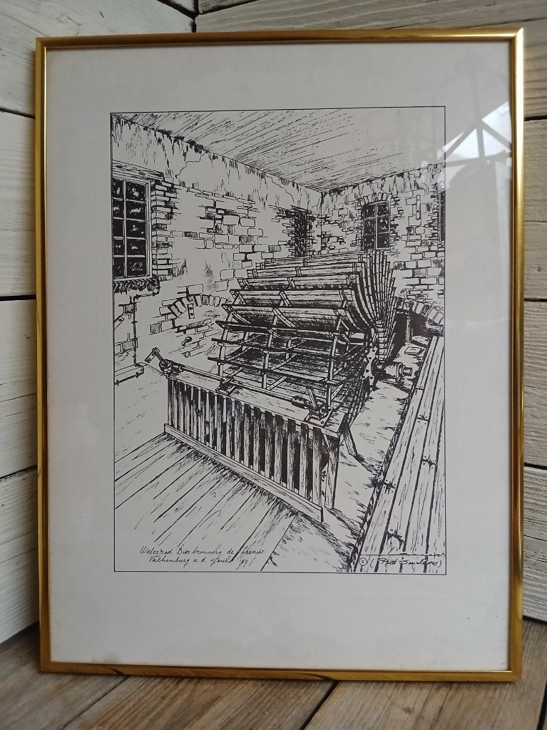 Pentekening waterrad van Leeuw Brouwerij Valkenburg, Ophalen of Verzenden, Tekening, Pentekening, Achter glas