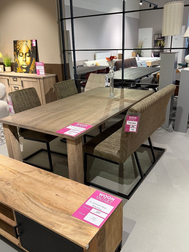 eetkamerbank en twee stoelen groen ***showroom items**, Ophalen, Nieuw, Overige kleuren, Drie
