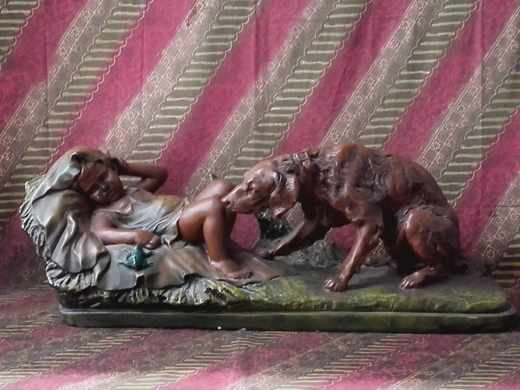 Kind en hond groot zwaar antiek beeld uit Frankrijk 58 cm., Antiek en Kunst, Ophalen