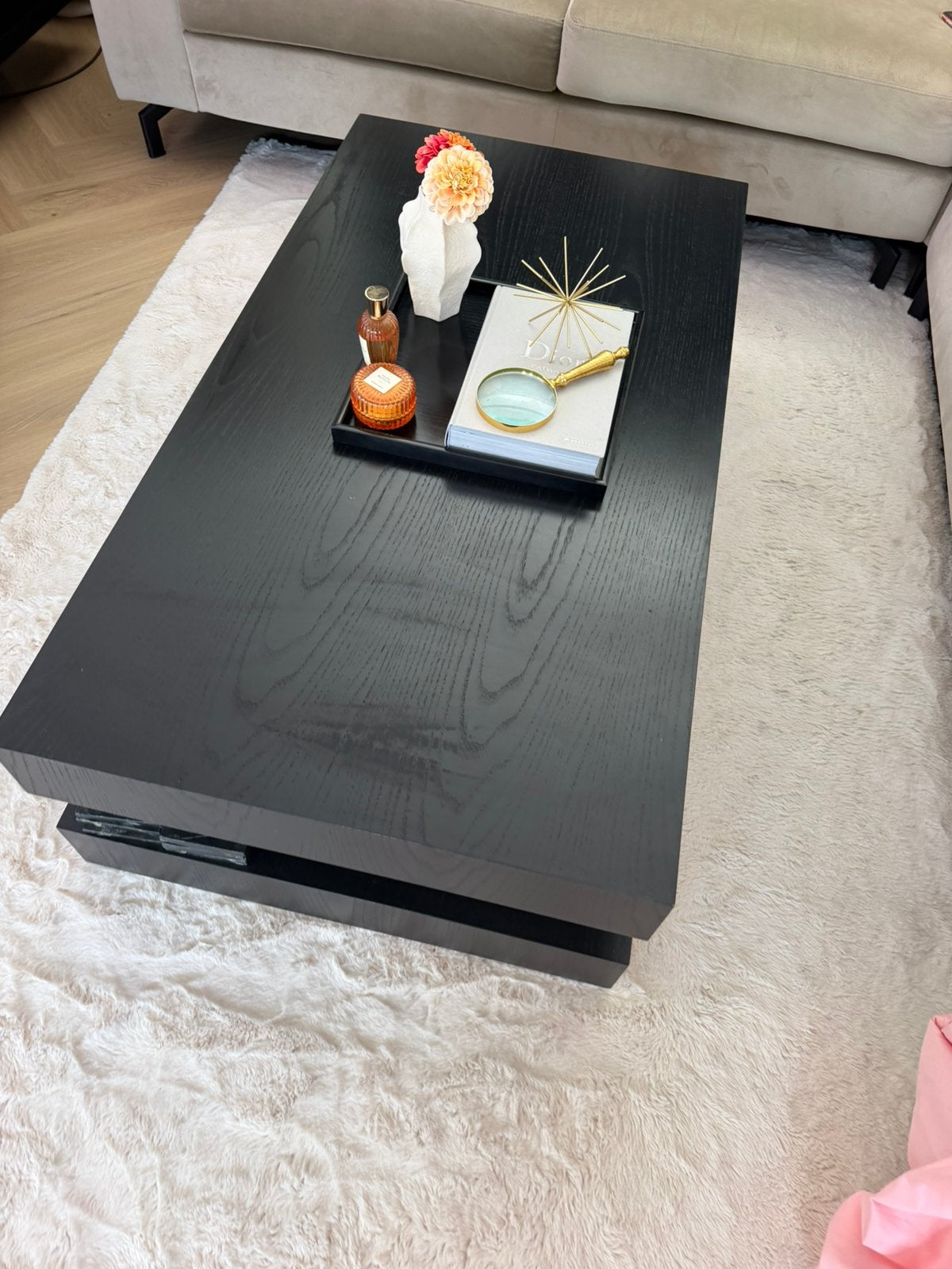 Salon tafel eikenhout zwart rechthoekig, Ophalen, 100 tot 150 cm, Eikenhout, 50 tot 100 cm