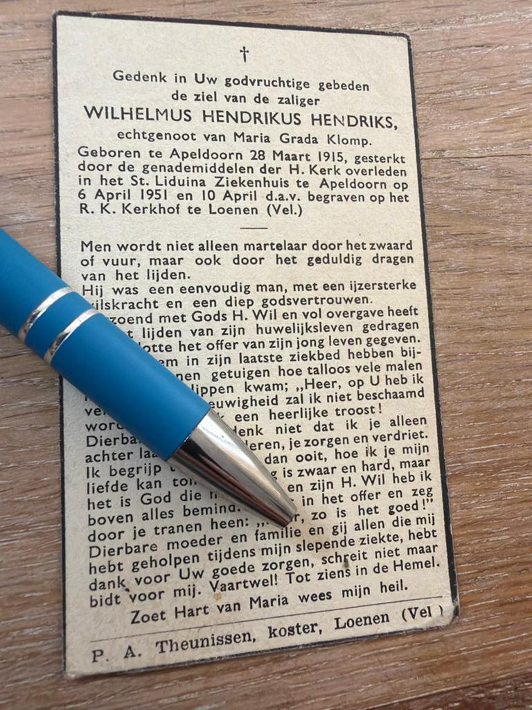 Hendriks Wilhelmus 1915 Apeldoorn 1951 Loenen x Klomp E00226, Ophalen of Verzenden, Bidprentje