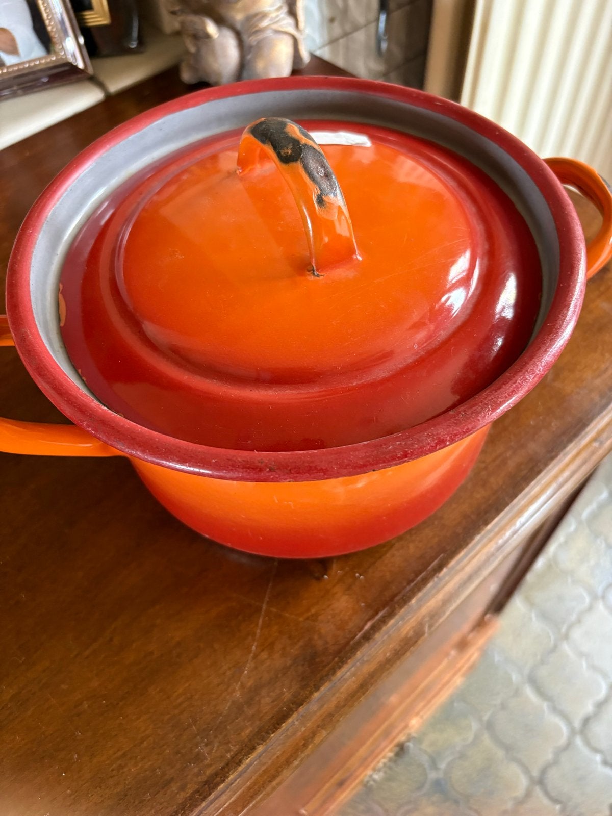 Leuke oranje emaille pan met deksel, Gebruikt, Met deksel, Ophalen of Verzenden, Kookpan