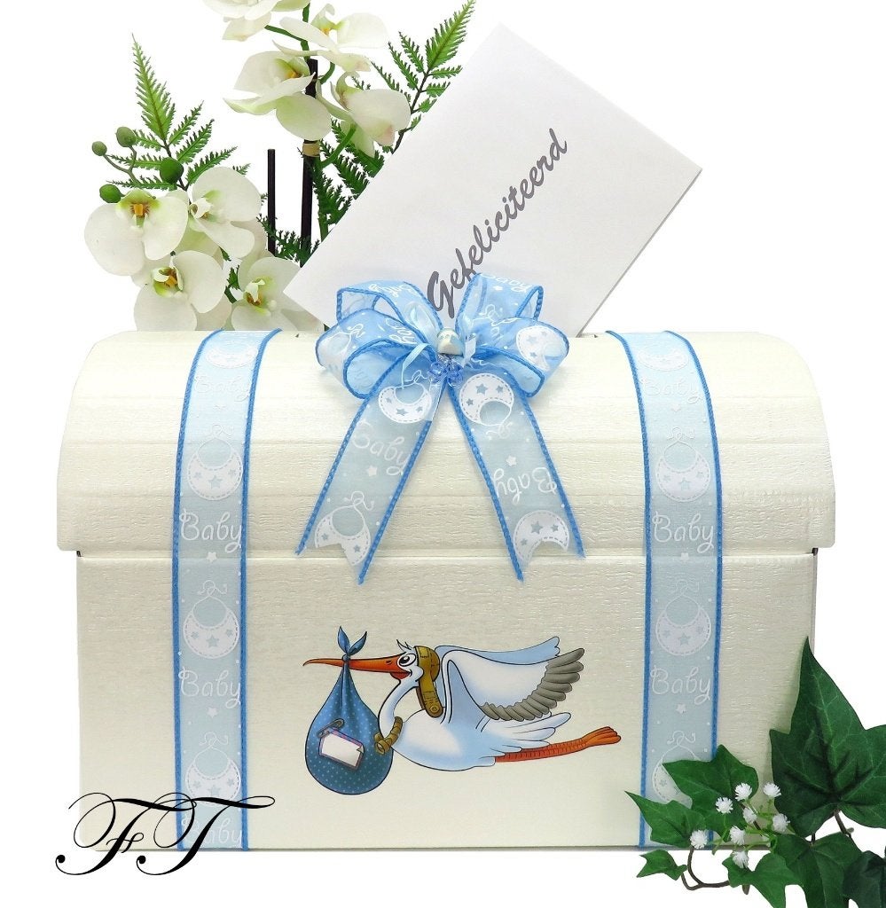 Geboorte enveloppendoos met een blauwe ooievaar erop., Ophalen of Verzenden, Nieuw, Feestartikel, Geboorte of Huwelijk