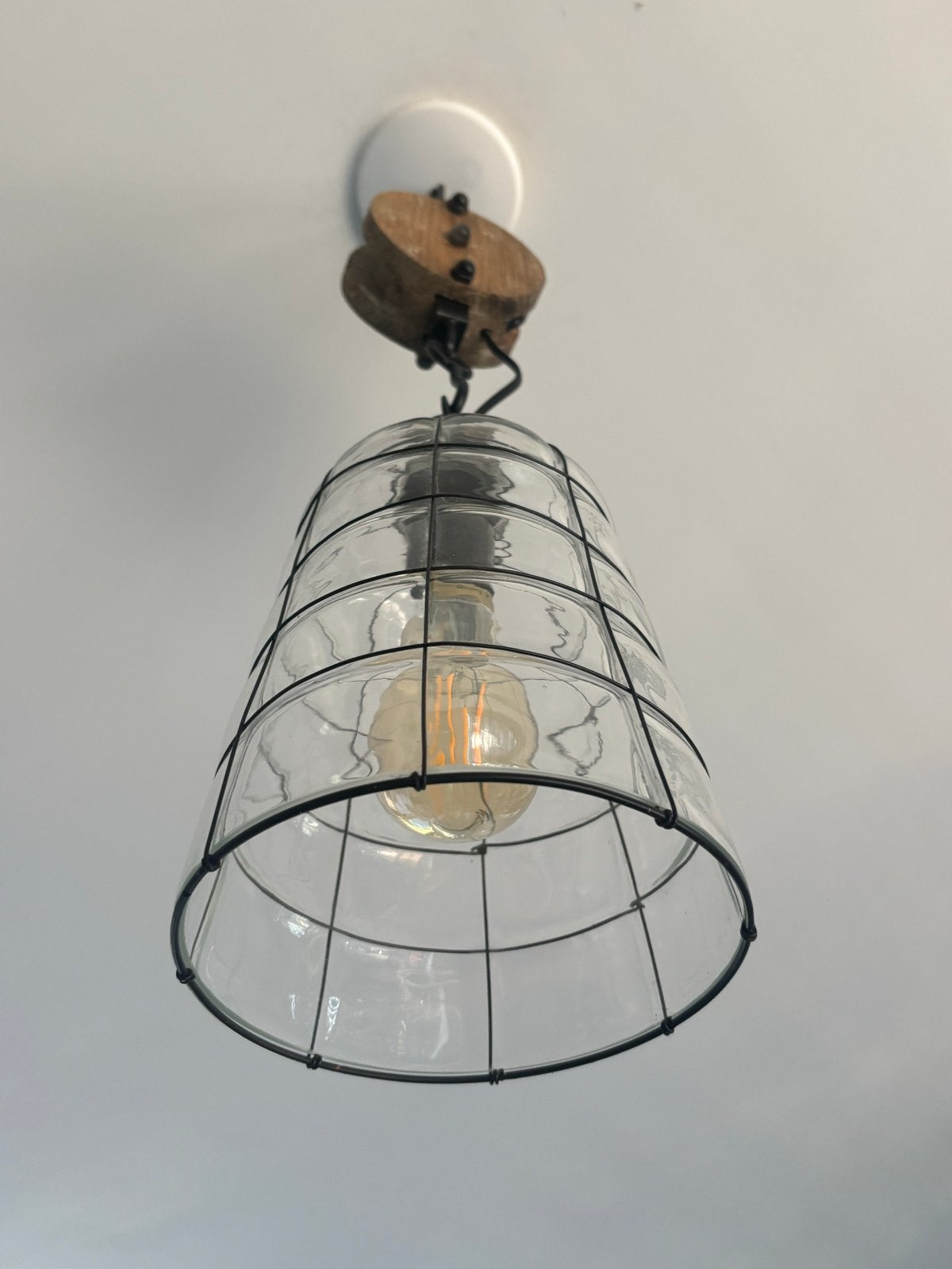 Industriële hanglampen glas met houten katrol, Ophalen, Zo goed als nieuw, Glas, E27 (groot)