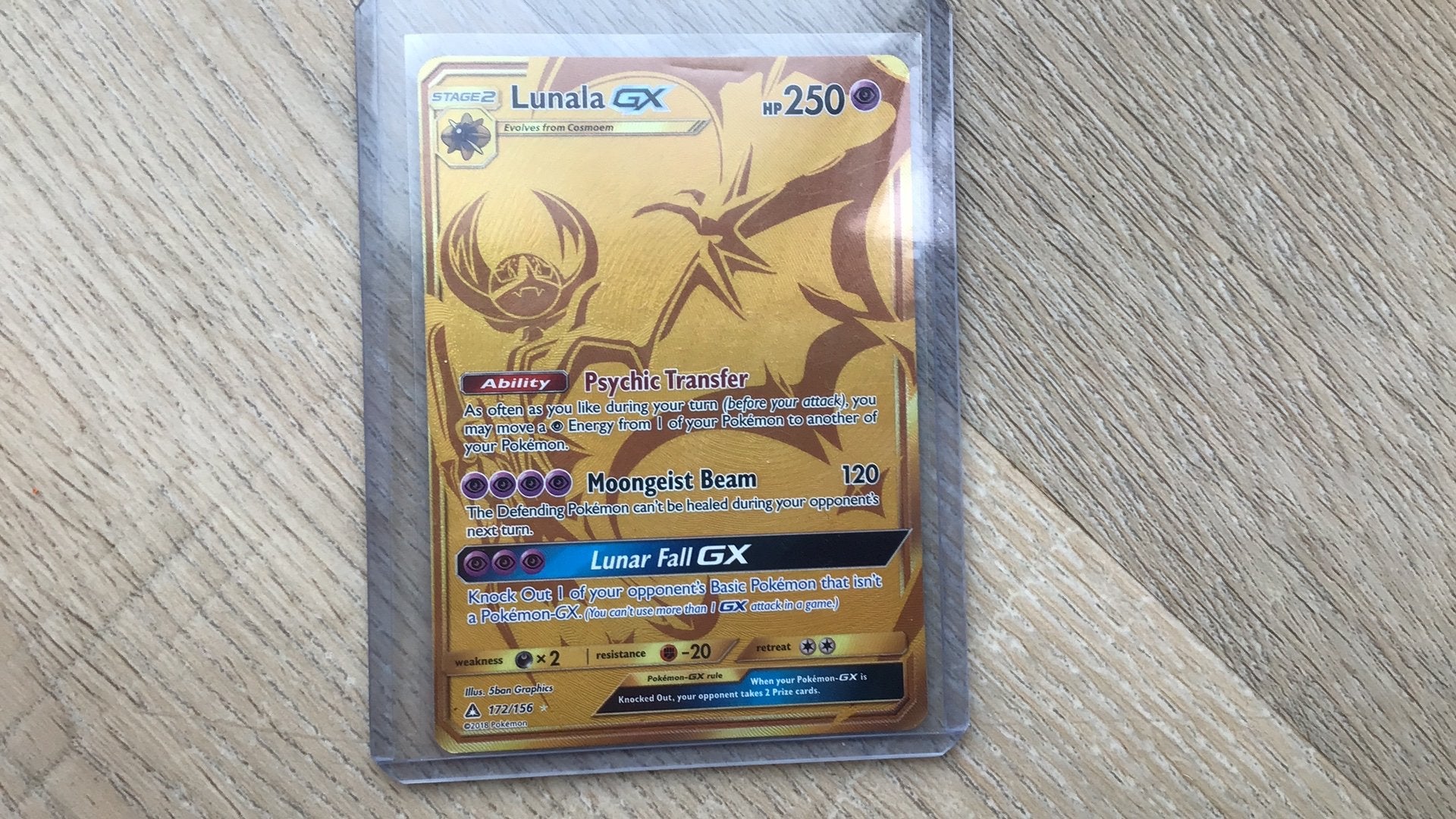 Pokémon Kaart Lunala GX Gouden Editie, Ophalen of Verzenden, Zo goed als nieuw, Losse kaart, Foil