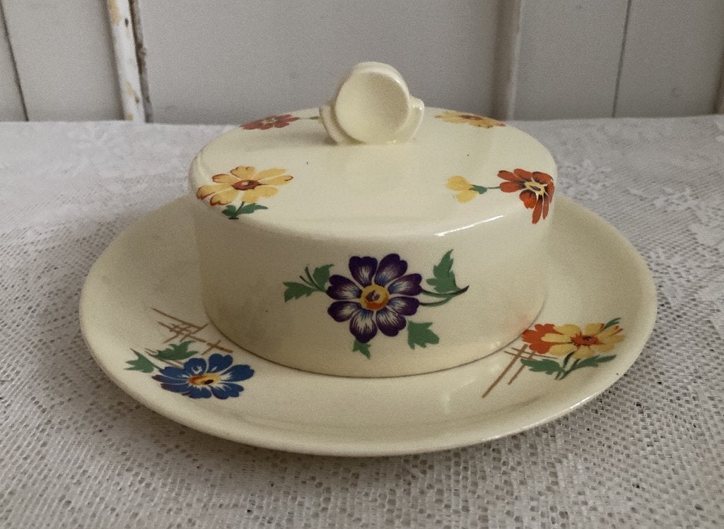 Brocante Botervloot met bloemdecor, Ophalen