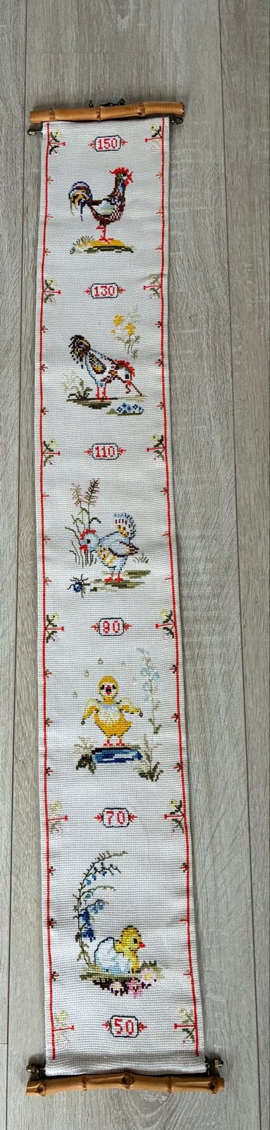 Vintage Geborduurd Groeimeter met Kippen en Kuikens, Ophalen of Verzenden, Gebruikt