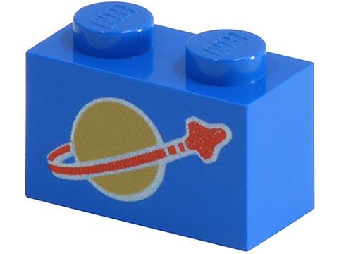 Lego Blue Brick 1 x 2 with Classic Space Logo Pattern, Gebruikt, Lego, Ophalen of Verzenden, Space