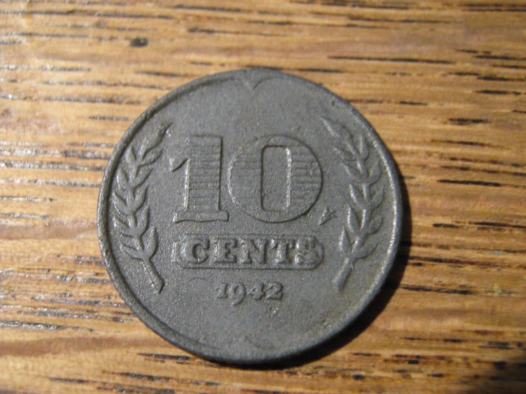 Oorlogsgeld WW2, zink Dubbeltje 1942, Duitse bezetting #625, Ophalen of Verzenden, Koningin Wilhelmina, 10 cent, Losse munt