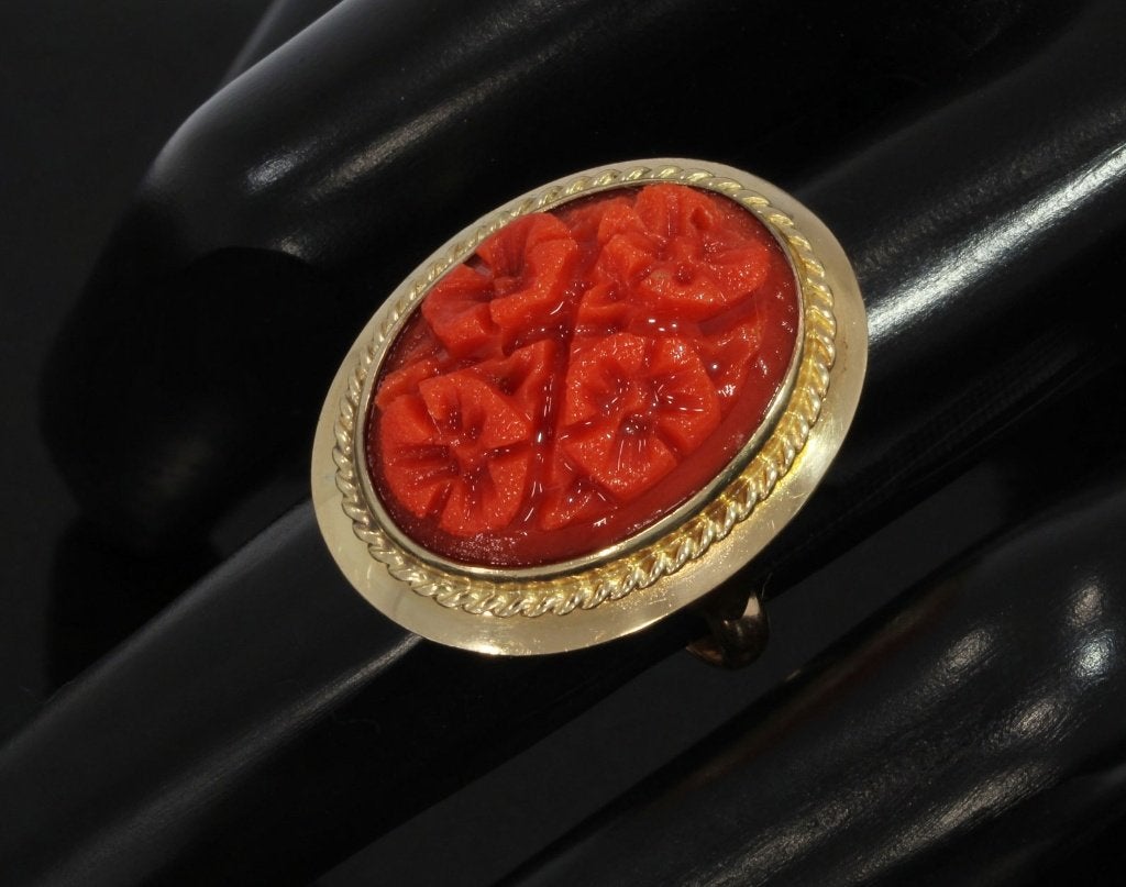 Bloedkoraal bloem fraaie 14k gouden vintage ring dames uniek