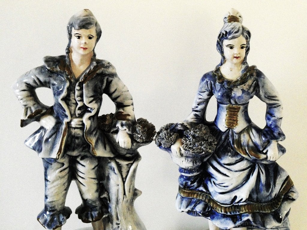 2 Grote beelden man vrouw met bloemenmand ca. 1950, Antiek en Kunst, Ophalen of Verzenden