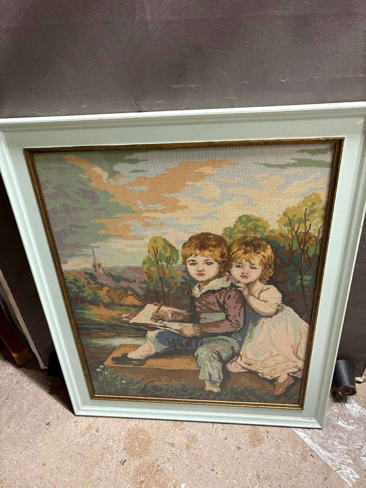 Geborduurd schilderij van twee kinderen, Ophalen of Verzenden