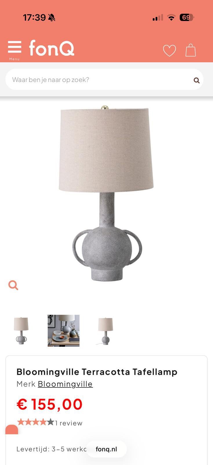 Bloomingville tafellamp – terracotta grijs – linnen kap, Huis en Inrichting, Lampen | Tafellampen, Overige merken, Zo goed als nieuw