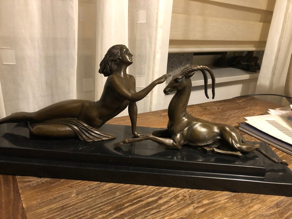 bronzen schouwbeeld amazone vrouw m antilope, Ophalen of Verzenden, Brons
