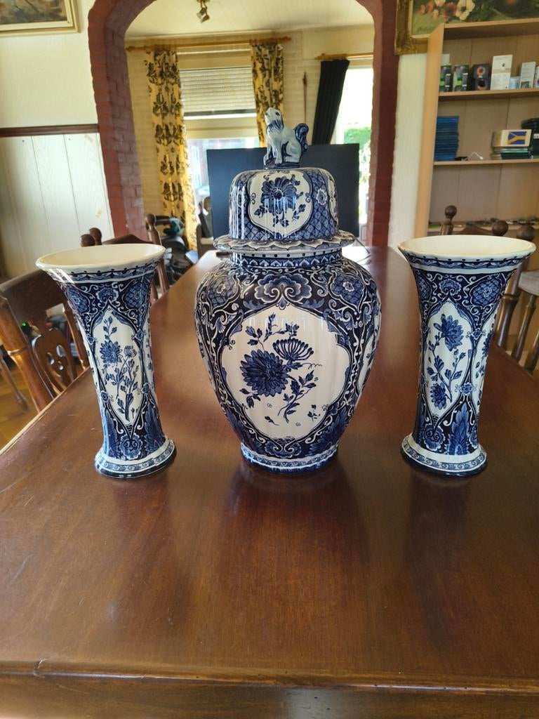 Prachtig antiek Delfts blauw garnituur / kaststel - Petrus R, Antiek en Kunst, Antiek | Keramiek en Aardewerk, Ophalen