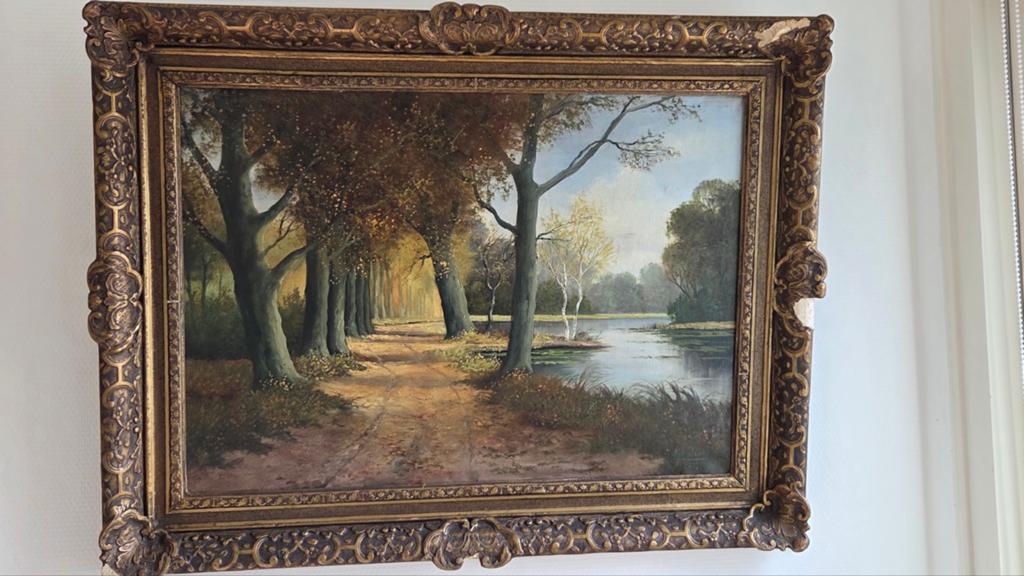 Olieverfschilderij: Herfstlandschap met water en bomen, Ophalen of Verzenden