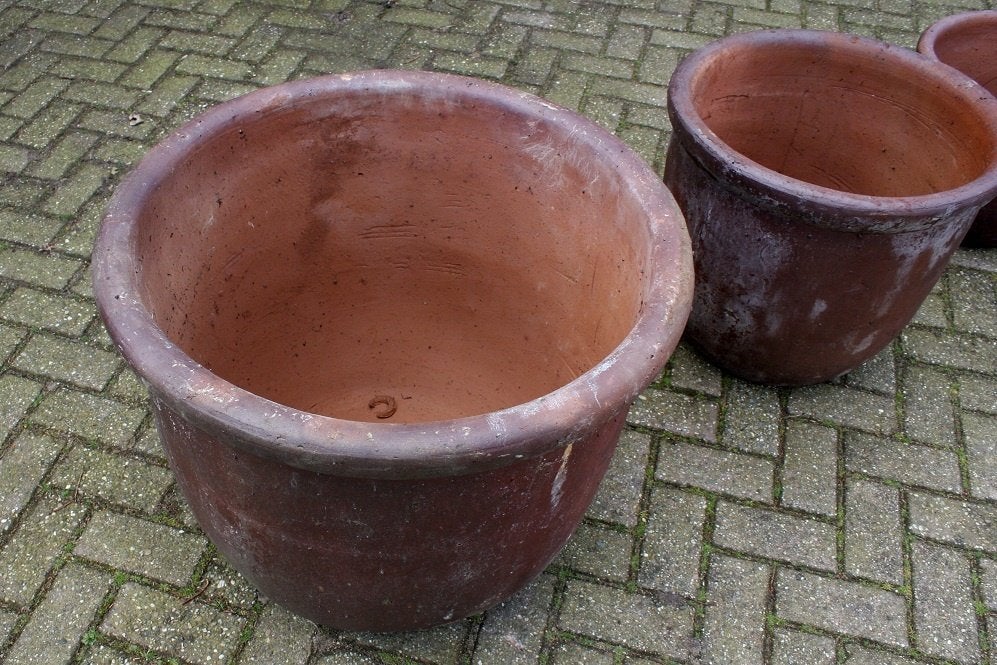 Robuuste donkerbruine bloempotten aardewerk terras 4 maten, Ophalen, 40 cm of meer, Rond, Nieuw