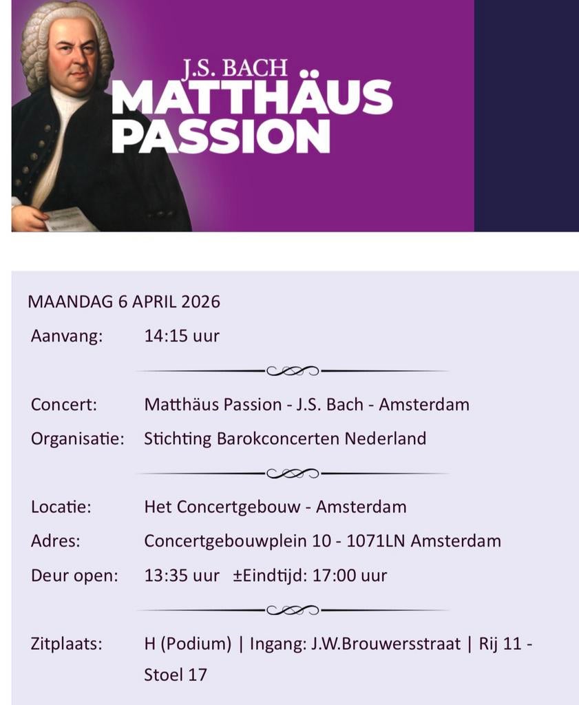 2 tickets matthaus passion amsterdam, Tickets en Kaartjes, Concerten | Nederlandstalig, Twee personen, April