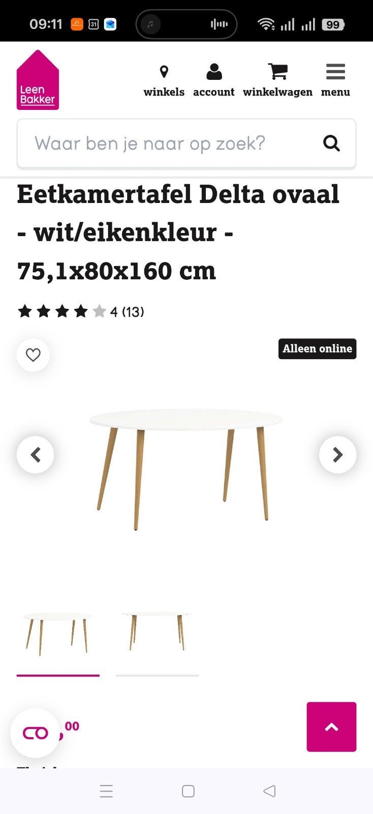 Eetkamertafel Delta leenbakker, Gebruikt, 150 tot 200 cm, Ovaal, 50 tot 100 cm