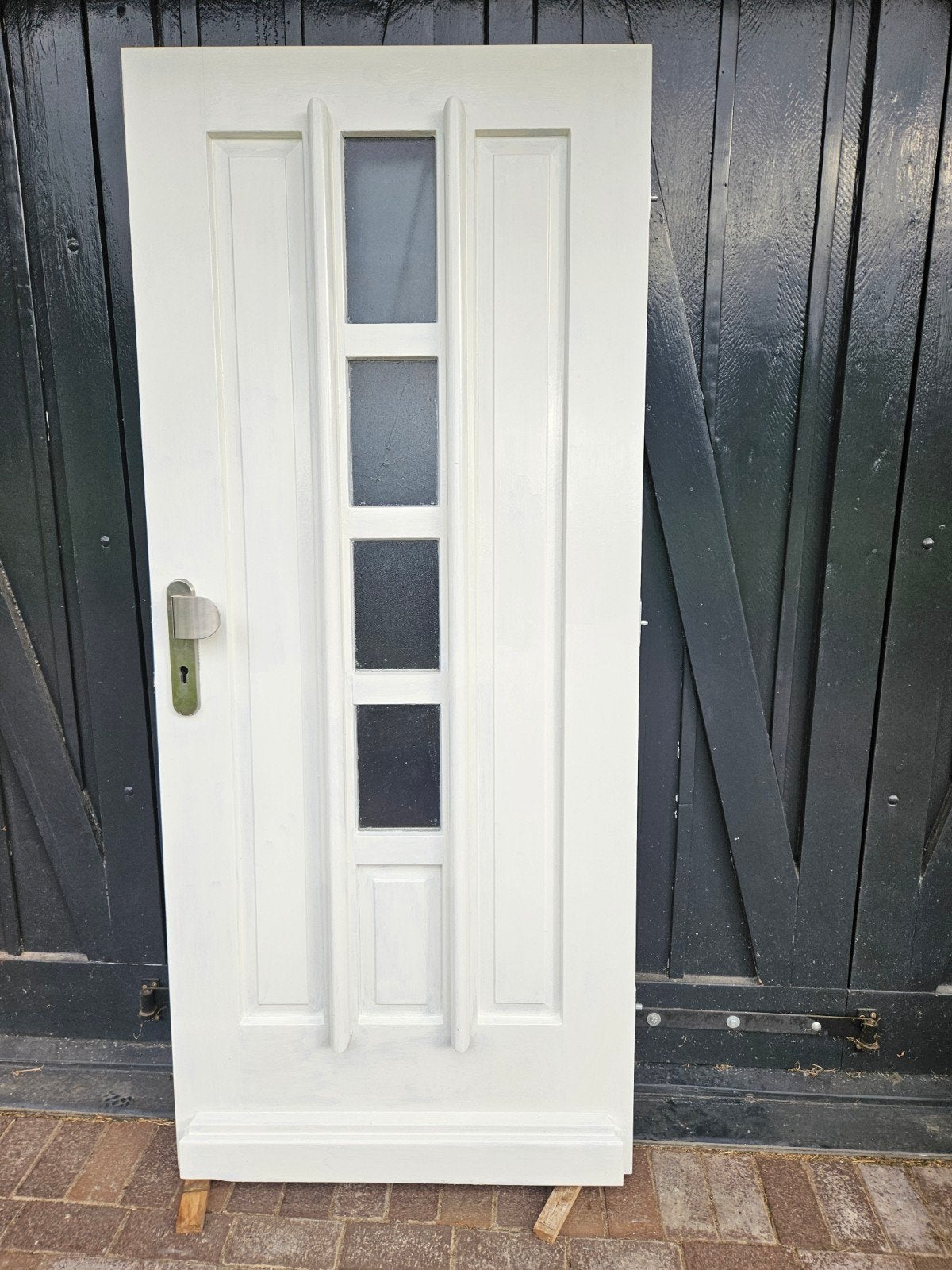 Witte buitendeur met glaspanelen en beslag, Ophalen, 80 tot 100 cm, 200 tot 215 cm, Glas