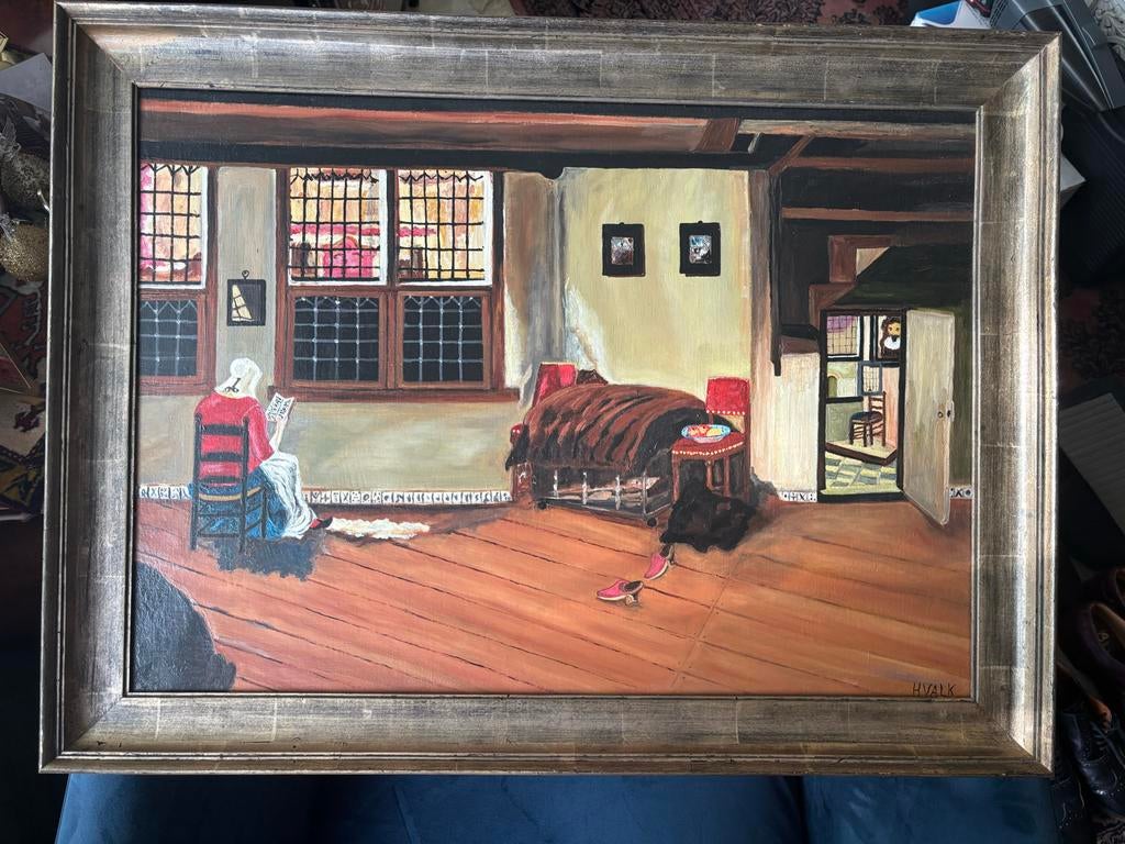 Schilderij 'Interieur met Lezende Vrouw' gesigneerd H. Valk, Antiek en Kunst, Ophalen