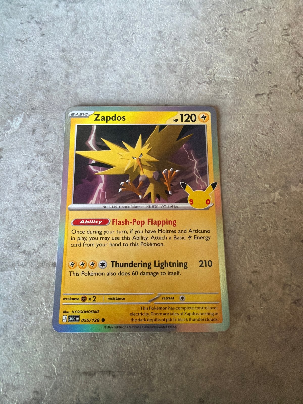 Pokémon Kaart Zapdos Celebrations 055/128, Ophalen of Verzenden, Zo goed als nieuw, Losse kaart, Foil