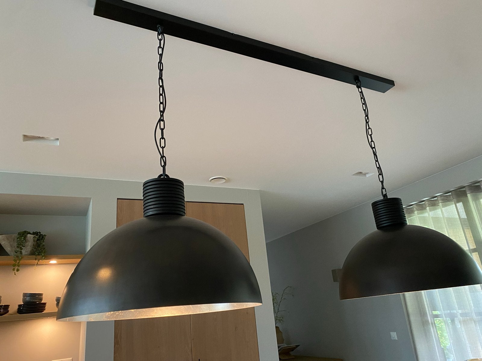 Set van 2 industriële hanglampen, zwart met zilver, Ophalen, Zo goed als nieuw, Metaal, E27 (groot)