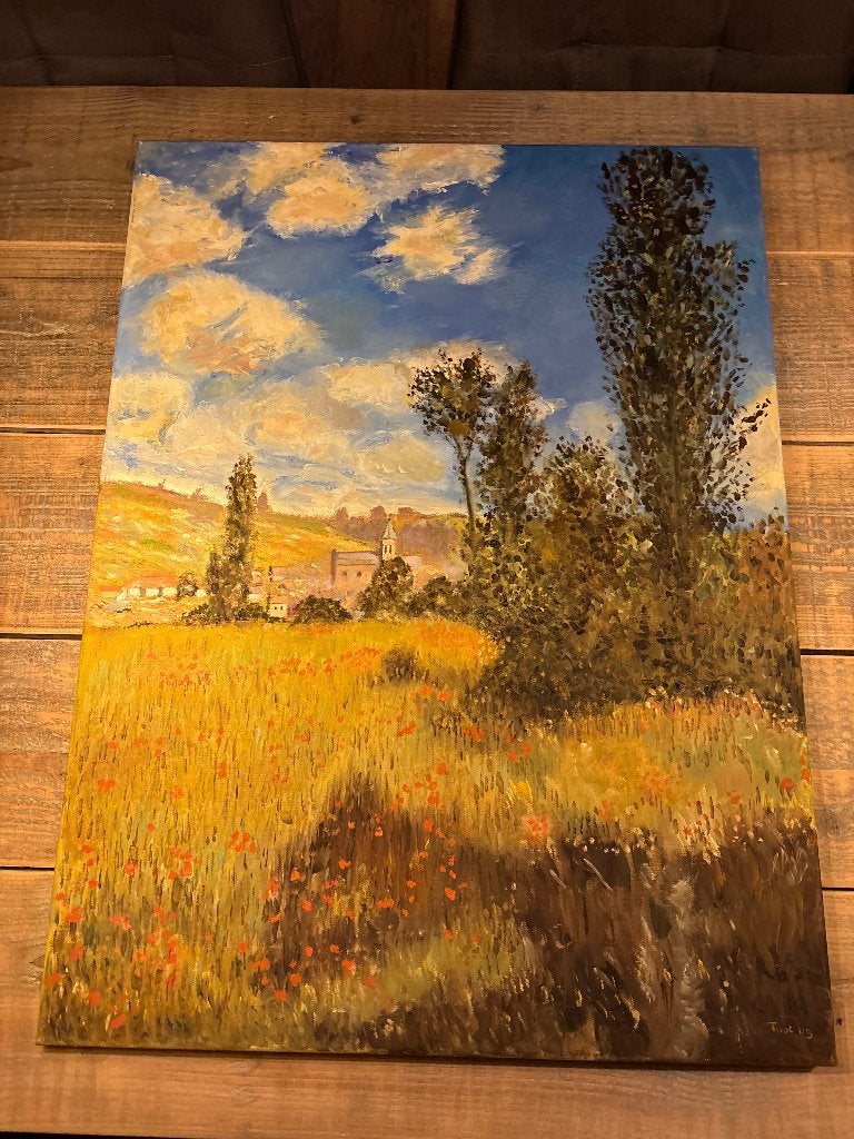 Origineel schilderij Klaprozenveld naar Monet – 60x80 cm, Ophalen of Verzenden