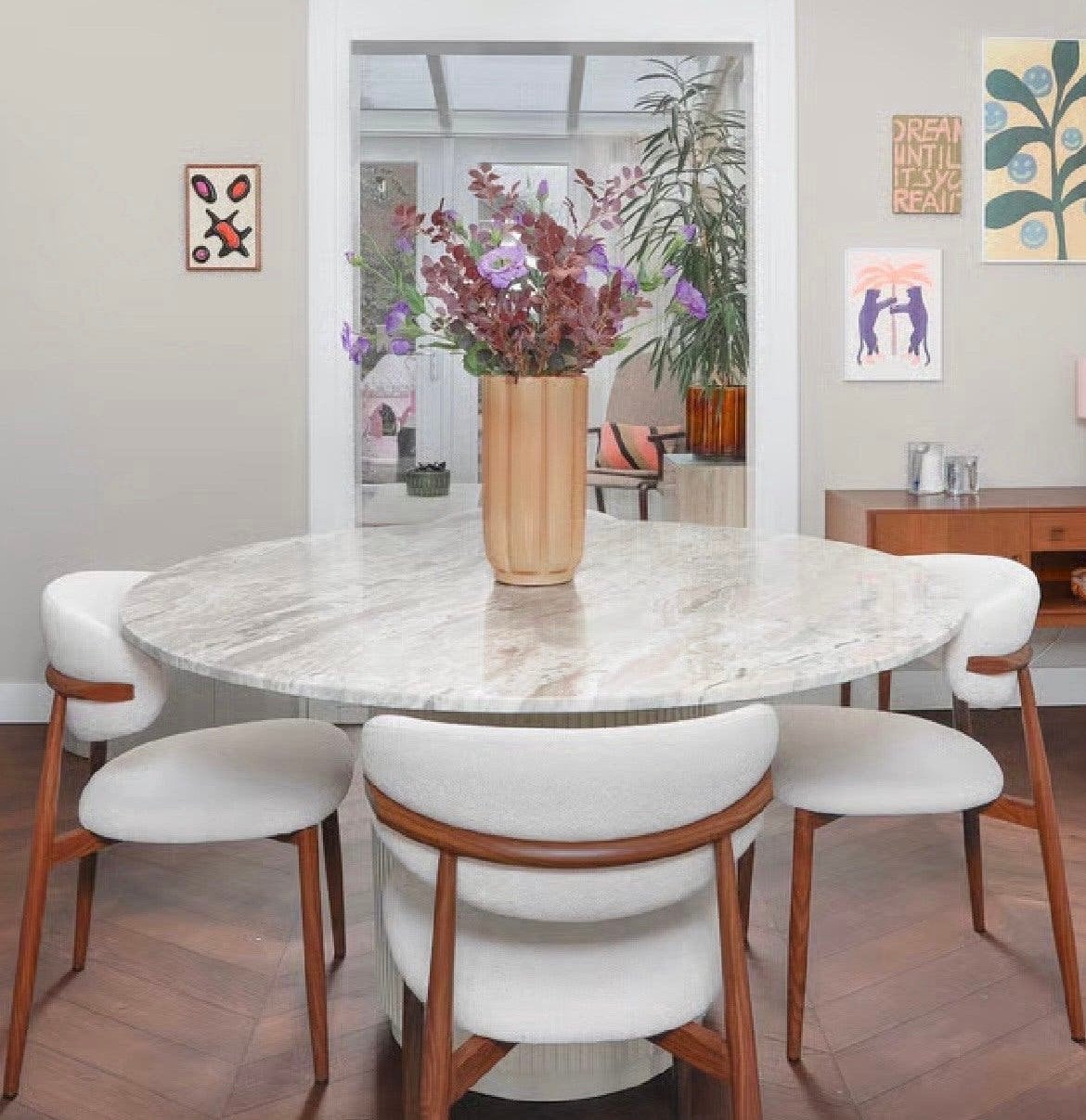 Marmeren eettafel incl. 4 stoelen Ø140 cm (Nieuw), Ophalen, Nieuw, Rond, 100 tot 150 cm