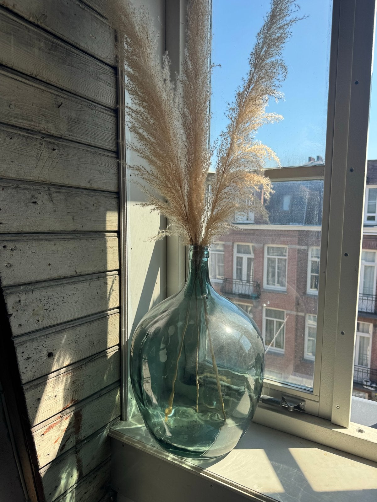 Grote groen glazen vaas/gistfles met riethalmen, Huis en Inrichting, Ophalen, Gebruikt, Inclusief decoratie, Glas