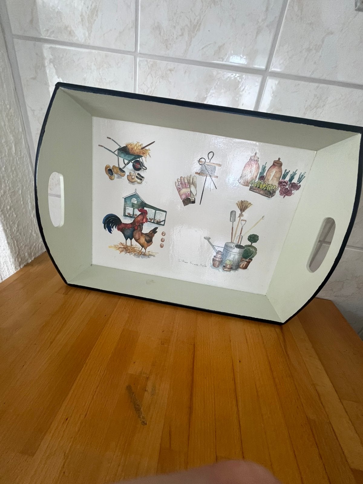 Houten handbeschilderd dienblad., Antiek en Kunst, Antiek | Schalen, Ophalen