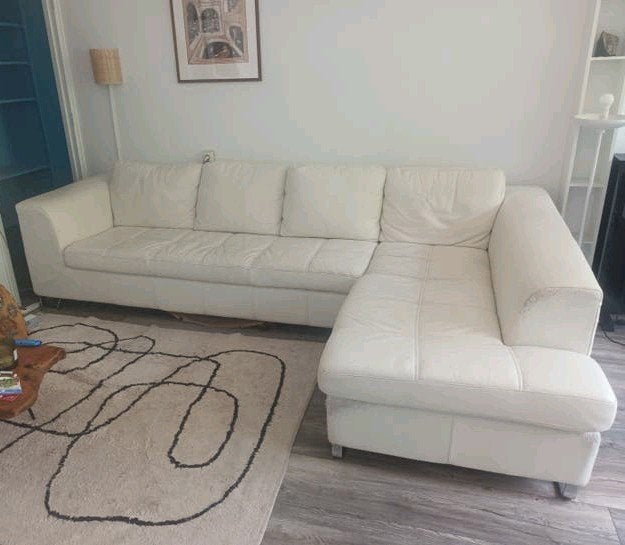 Witte Leren Hoekbank - Comfortabel en Ruim, Huis en Inrichting, Ophalen, 250 tot 300 cm, Gebruikt, Hoekbank