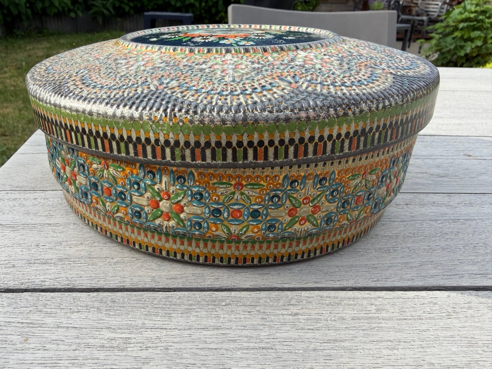 Vintage kraaltjes koektrommel met bloemmotief, Verzamelen, Blikken, Gebruikt, Overige, Ophalen of Verzenden