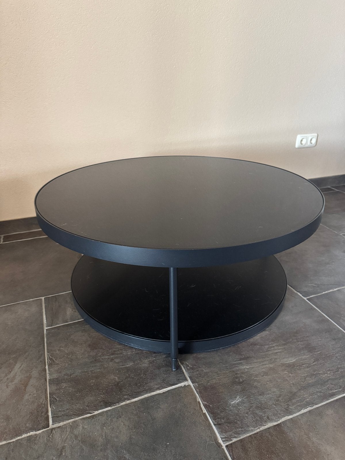 FRÖTORP Salontafel Antraciet marmerpatroon / zwart glas, Ophalen, Rond, 50 tot 100 cm, Glas
