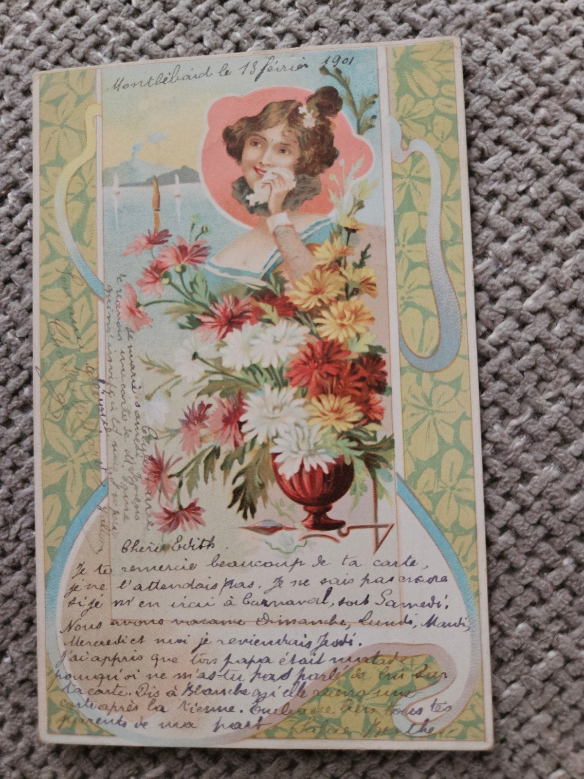Art Nouveau-dame Montbéliard 1901, Ophalen of Verzenden, Voor 1920, Gelopen