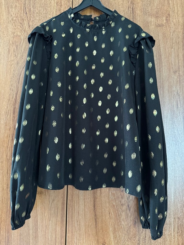 Zwarte blouse met goudkleurige stippen maat XS, Zwart, Ophalen of Verzenden, Maat 34 (XS) of kleiner, Gedragen